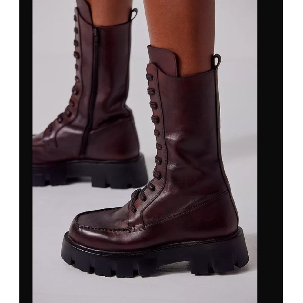 Free People Jones Lace Up Mid Calf Boots Platform Burgundy Leather Womens 9 NEW - Picture 2 of 12